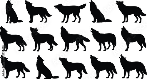 Wolf silhouette collection isolated on white background, howling wild animal vector set for logo design, tattoo stencil, wildlife illustration, forest predator graphic bundle