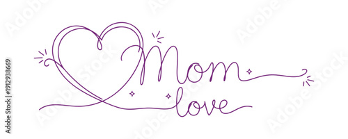 A festive card design that includes line art of a heart and the word 'Mom'. This minimalist contour vector illustration is great for various design purposes.

