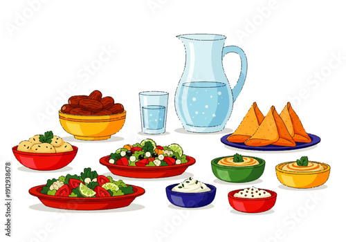 Flat design illustration vector of a colorful spread of international food dishes with a pitcher and glasses of water on a plain white background.