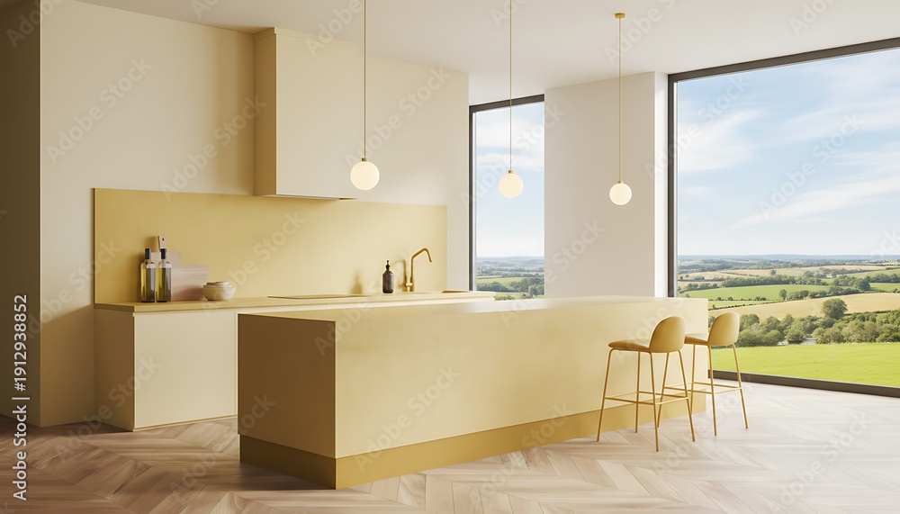 Fototapeta premium Light kitchen interior with island and seats, panoramic window on countryside