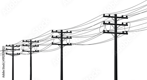 Row of electric utility poles with overhead power lines perspective silhouette isolated on white background