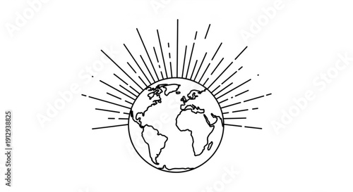 Earth Rising with Sunburst on White Background