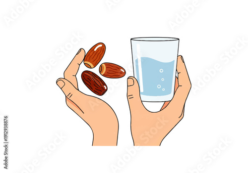 Flat design illustration of a hand holding three brown pills and another hand holding a glass of water vector