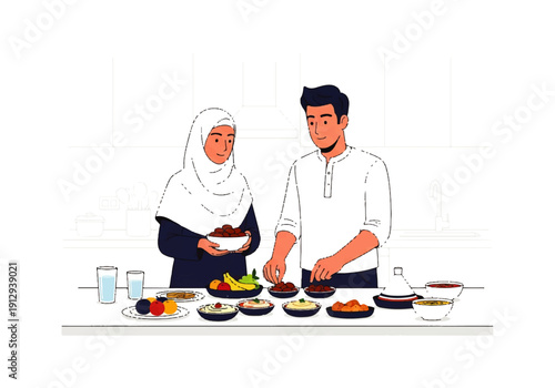 Flat design illustration vector of a man and woman in a simple, elegant setting, preparing and serving a meal with various dishes on a table.