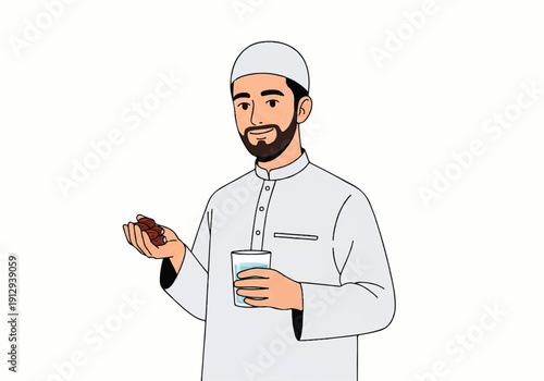 Flat design illustration vector of a Muslim man in traditional attire eating a date and holding a glass of milk on a white background.