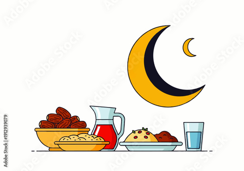 Flat design illustration vector of a traditional iftar meal setup with dates, samosa, and drinks under a crescent moon, symbolizing Ramadan, against a clean white background with a simple