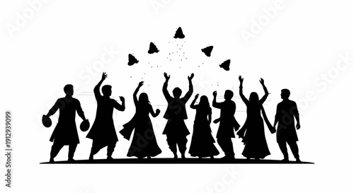 Silhouettes of people celebrating with confetti, a joyful and festive gathering.