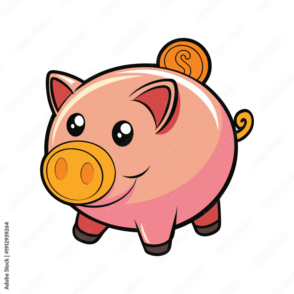 Fototapeta premium Cute pink vector piggy bank illustration with a shiny gold coin slot, isolated on a transparent background, perfect for financial icons or saving concepts.