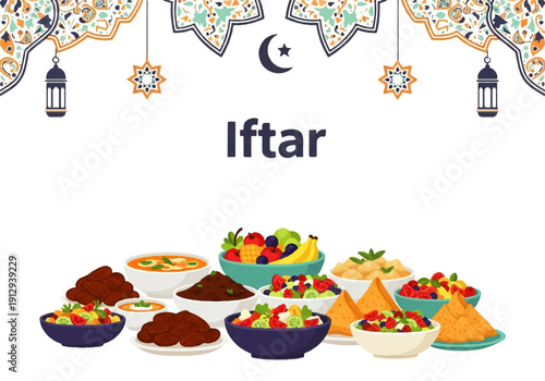 Flat design illustration vector of a vibrant iftar spread with various traditional dishes and decorations on a white background.