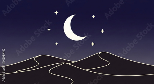 Crescent Moon Shining over Mountains at Night with Stars
