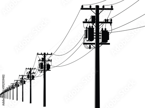 Row of electric utility poles with transformers and overhead power lines perspective silhouette isolated on white background.eps