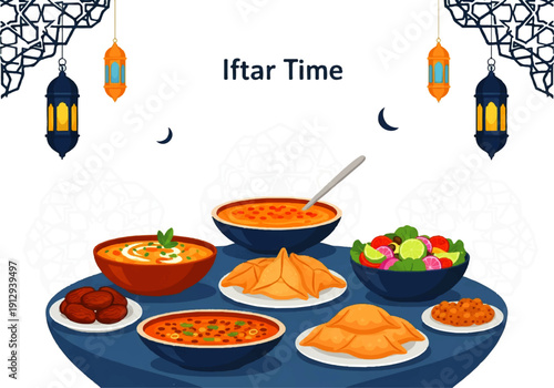 Flat design illustration vector of a traditional iftar meal spread with various dishes on a blue table against a white background.