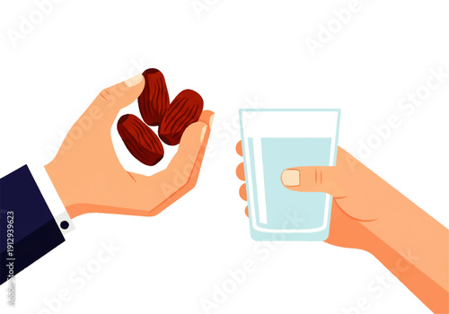 Flat design illustration vector of two hands, one holding dates and the other a glass of water, against a clean white background.