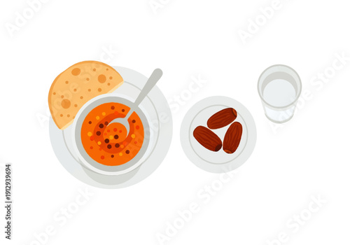 Flat design illustration vector of a plate with soup, bread, and dates on a side dish against a clean white background.