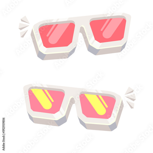 Groovy white retro sunglasses with pink lens isolated on white background. Cartoon funny kids white summer sunglasses icon set, label and sign. Cool hipster Sunglasses vector graphic illustration