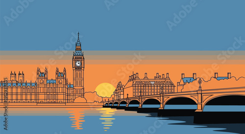 Stylized line art illustration captures the iconic Houses of Parliament and Big Ben tower against a vivid orange sunset over the water.