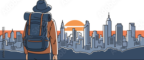 Traveler wearing a large backpack and hat contemplates the sprawling metropolitan city skyline during a vibrant orange sunset illustration