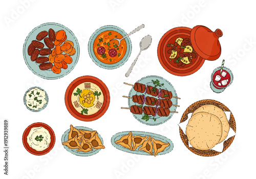 Flat design illustration vector of various Middle Eastern dishes and food items arranged on plates and in bowls, including kebabs, flatbread, and dips, against a clean white background.