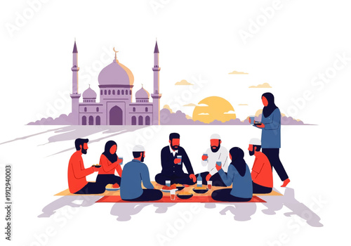 Flat design illustration vector of a diverse group of people sitting on a mat eating and socializing in front of a mosque during sunset.