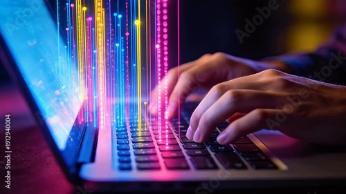 Wallpaper Mural Hands typing on laptop with colorful light effects Torontodigital.ca