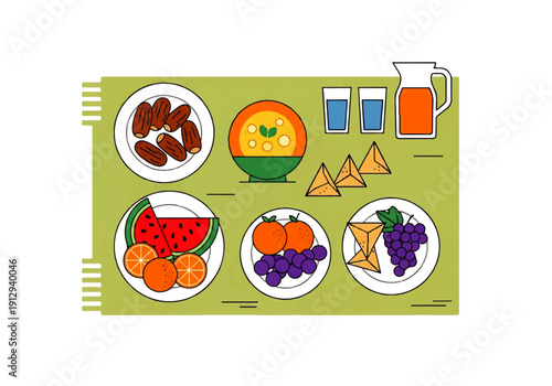 Flat design illustration vector of a colorful fruit platter with various fruits and a pitcher of juice on a green background.