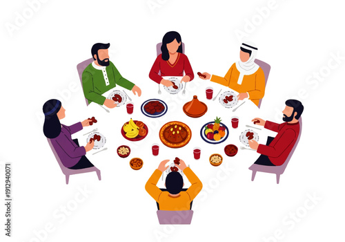 Flat design illustration vector of diverse people gathered around a table with food and drinks in a modern, minimalist setting.