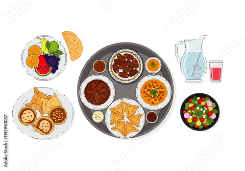 A flat design illustration vector of a variety of food on plates and in bowls with a pitcher and glass, against a clean white background.