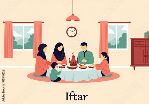 Flat design illustration vector of a Muslim family gathering for Iftar in a cozy living room with warm colors.
