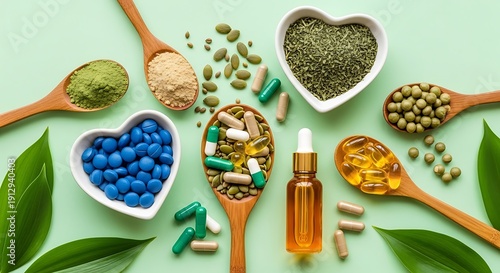 Assorted natural supplements and superfoods displayed on a green background