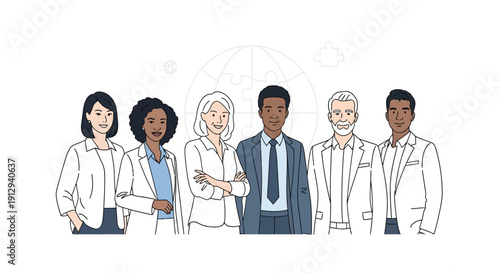 Diverse group of six business professionals standing together showcasing teamwork and global cooperation with subtle background connection icons