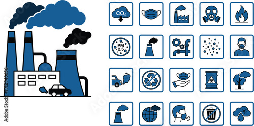 Industrial factory air pollution vector icons set, global warming and carbon dioxide emission symbols, environmental climate change and smog concepts