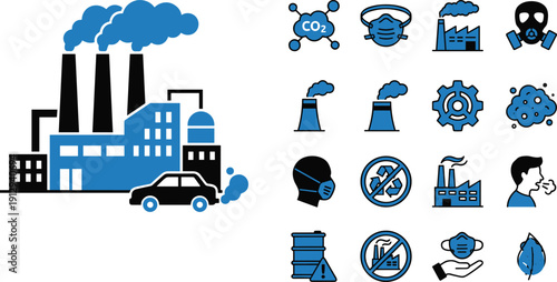 Industrial factory pollution and carbon dioxide emission vector icons set, global warming environmental problems and air quality symbols for eco concepts