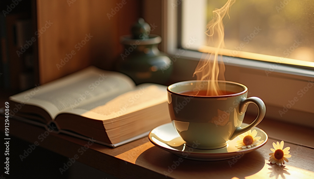 Fototapeta premium Steaming Cup of Tea Beside an Open Book on Sunlit Windowsill, Adorned with Tiny Daisies — Cozy Reading, Mindfulness & Slow Living Concept