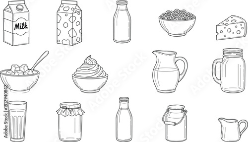 Dairy products and breakfast food vector line art set, milk carton bottle cheese bowl and yogurt icons isolated on white,