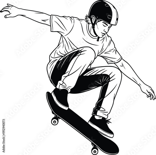 Skateboarder Performing Mid Air Ollie Jump Vector Illustration Featuring Urban Street Style Extreme Sports Action Youth Culture Athletic Skill and Active Lifestyle
