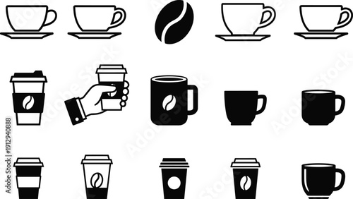 Black coffee cup icons set isolated on white background, cafe paper mug and espresso bean vector symbols, caffeine break elements