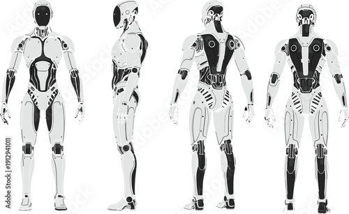 Humanoid robot character design vector illustration set, futuristic cyborg technical drawing with front side and back views, artificial intelligence concept