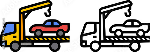 Flatbed tow truck icon carrying a small red car