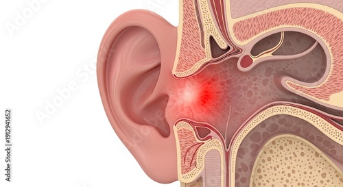 Detailed cross-section of human ear with highlighted inflamed area.