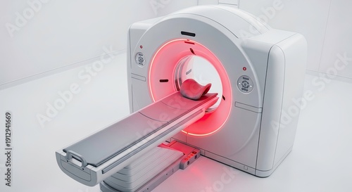 Medical MRI Machine with Red Light on White Background.