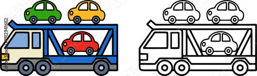 Car carrier truck icon transporting small colorful cars