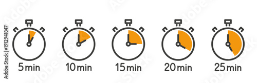 collection of stopwatch icons, five minute intervals concept, 5, 10, 15, 20 and 25 minutes, countdown timer, deadline clocks, line art vector icon, time tracking for cooking