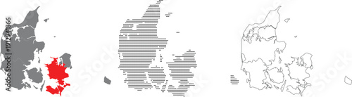 Denmark Map Vector Illustration with Regional Highlights and Dotted Patterns