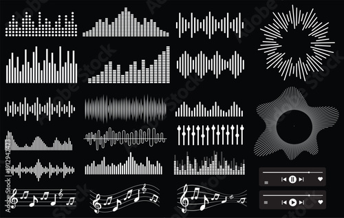 Set Sound vibration waves in different shapes set isolated elements set of vibration and waving lines Vector illustration.