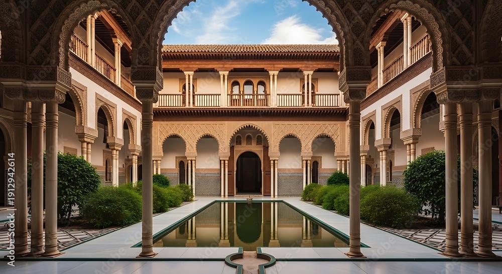 Fototapeta premium Serene courtyard with arched walkways reflecting pool and ornate architecture in a historic building with natural light