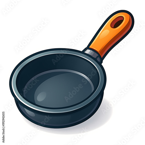 Empty frying pan with orange handle on white background.