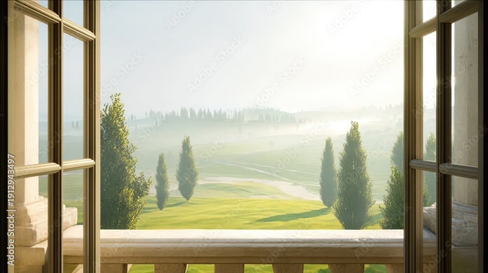 Fototapeta premium Elegant countryside landscape view through window with morning light and trees