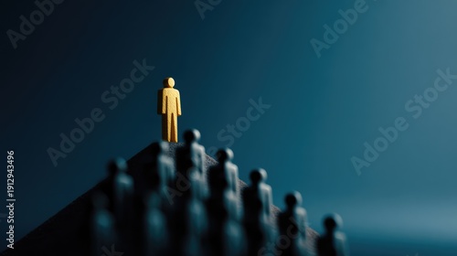 Leadership concept with golden figure standing above group on pyramid