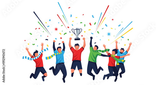 Triumphant Sports Team Celebrating Victory with Trophy and Confetti
