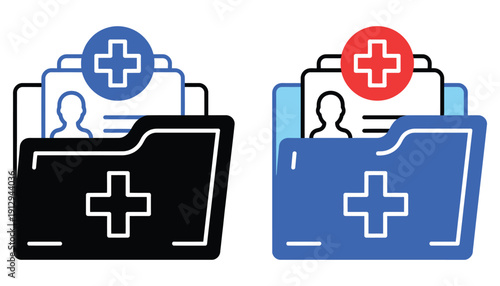 Medical folder symbol with a plus symbol and patient information, vector illustration representing healthcare records, electronic medical files, patient data management, hospital documentation, and 
